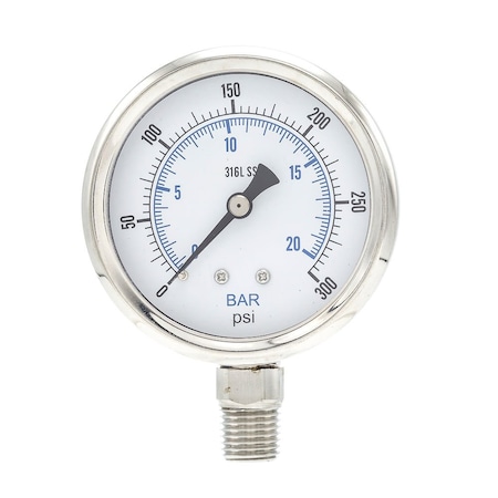 Pic Gauges 2 1/2 in Dial, 1/4 in NPT Male Lower Location, Stainless Steel Case Material PRO-301D-254H-01